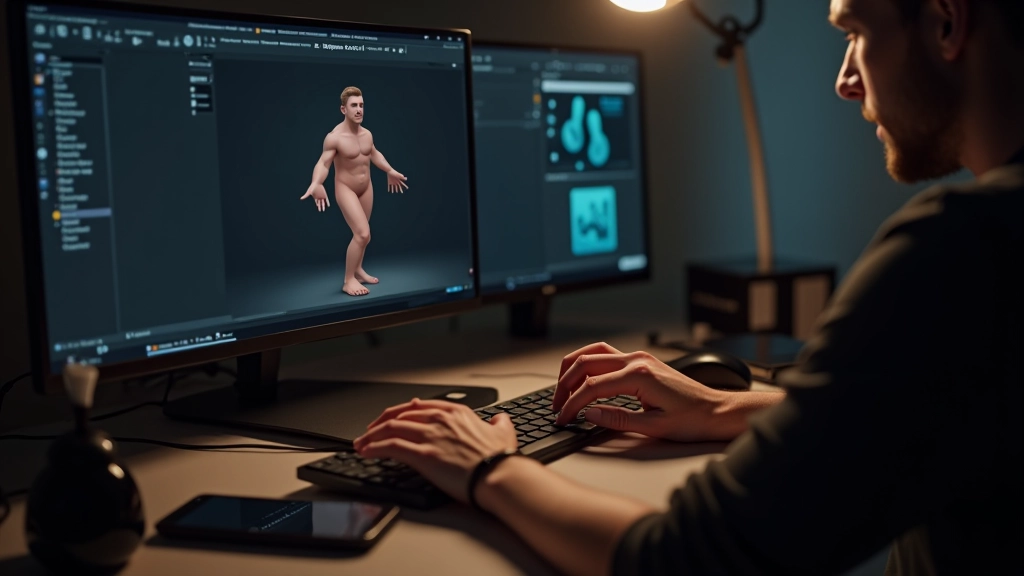 Close-up of hands adjusting weight paint values on 3D character model in animation software