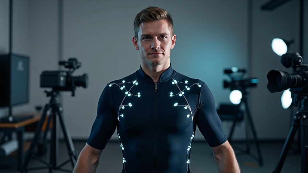 Motion capture suit with reflective markers positioned on performer in capture studio